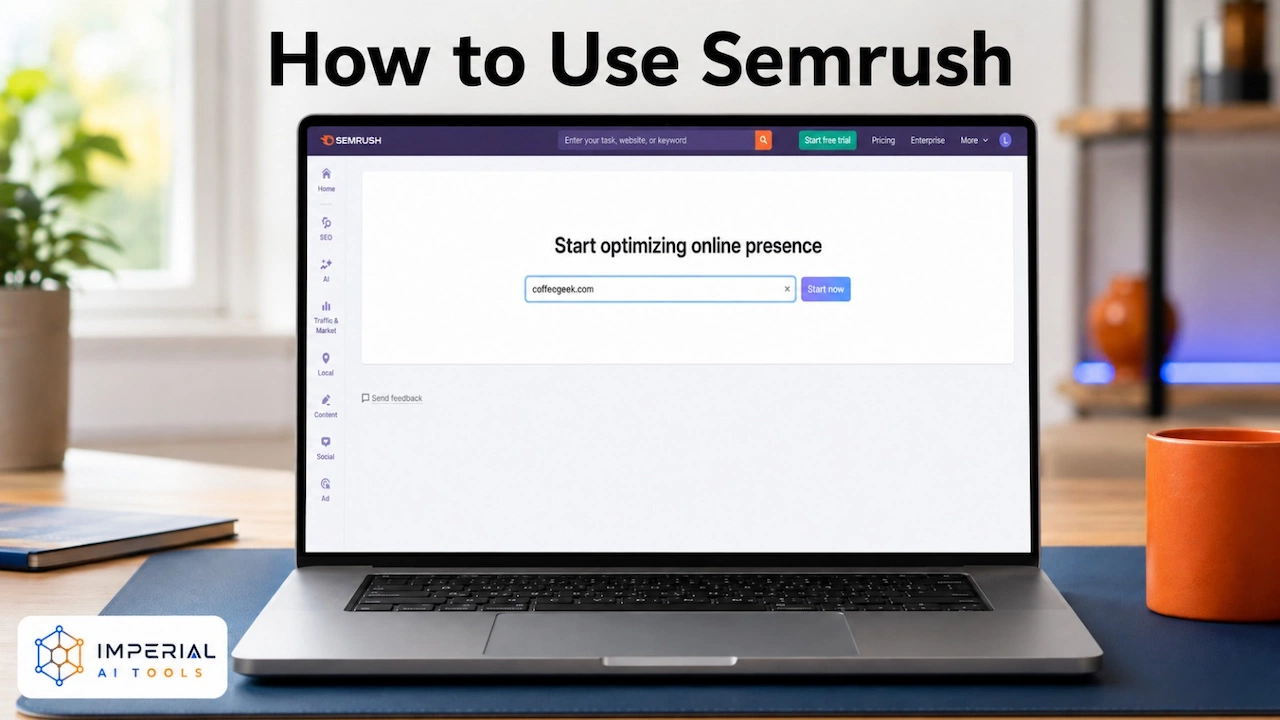 Laptop displaying the Semrush dashboard for a step-by-step guide on how to use Semrush.