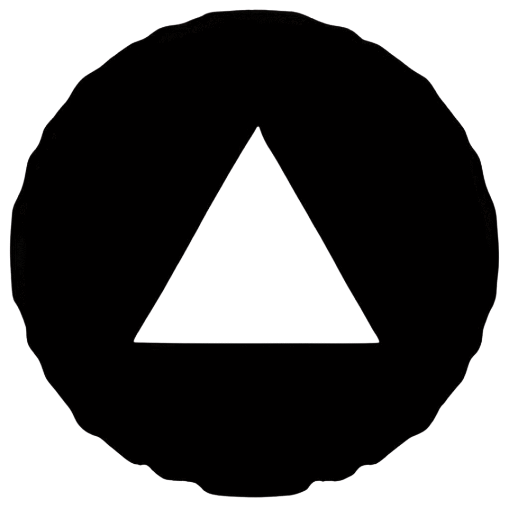 Black triangle logo icon in a circular badge, minimalist design