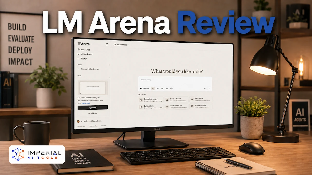 LM Arena Review showing the Arena AI interface on a desktop monitor with AI model comparison features