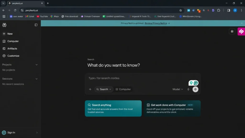 Perplexity AI search interface for finding answers, sources, and research information online