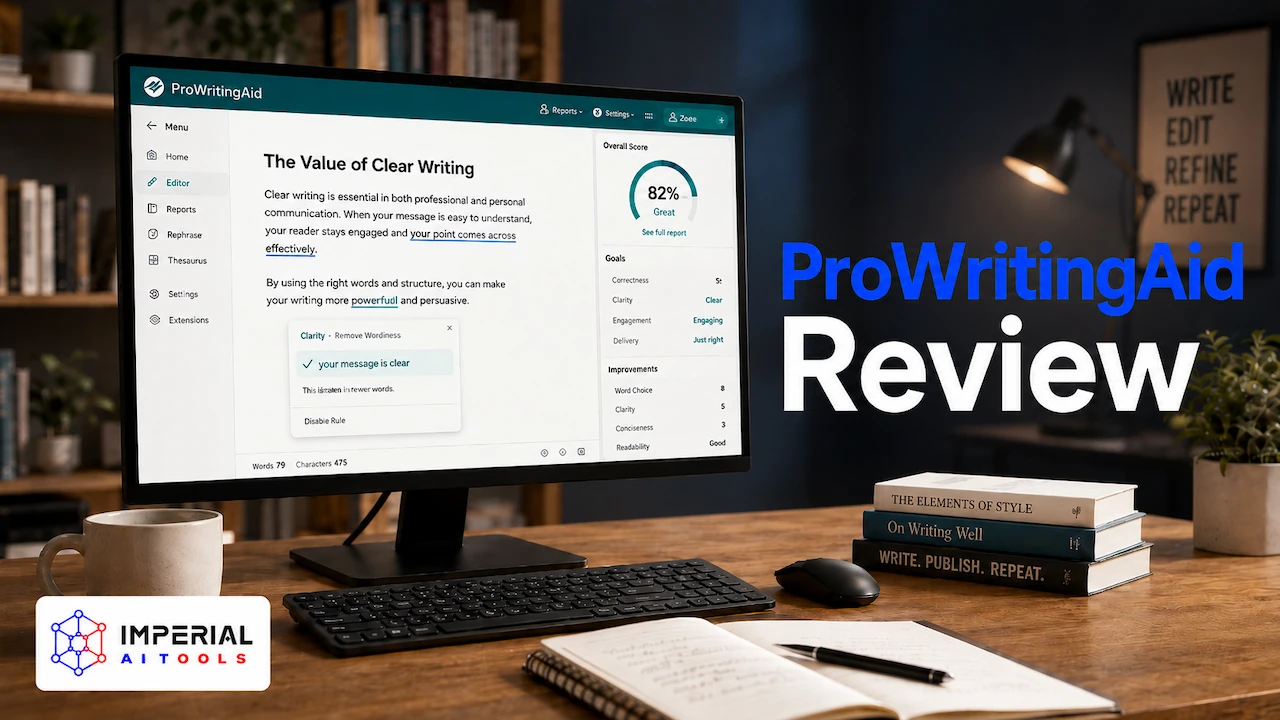 ProWritingAid review feature image showing the ProWritingAid dashboard on a desktop monitor in a professional writing workspace with the text “ProWritingAid Review”.