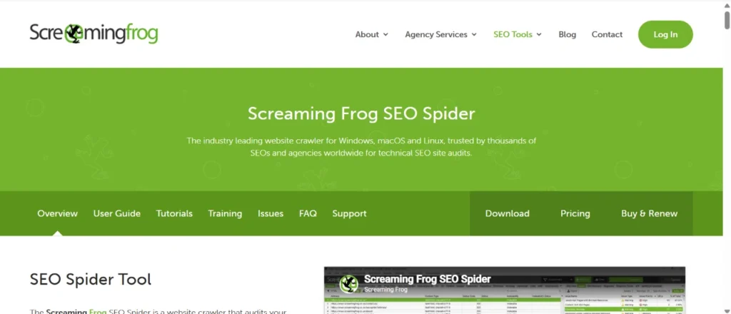 Screaming Frog SEO Spider homepage showing its website crawler for technical SEO audits