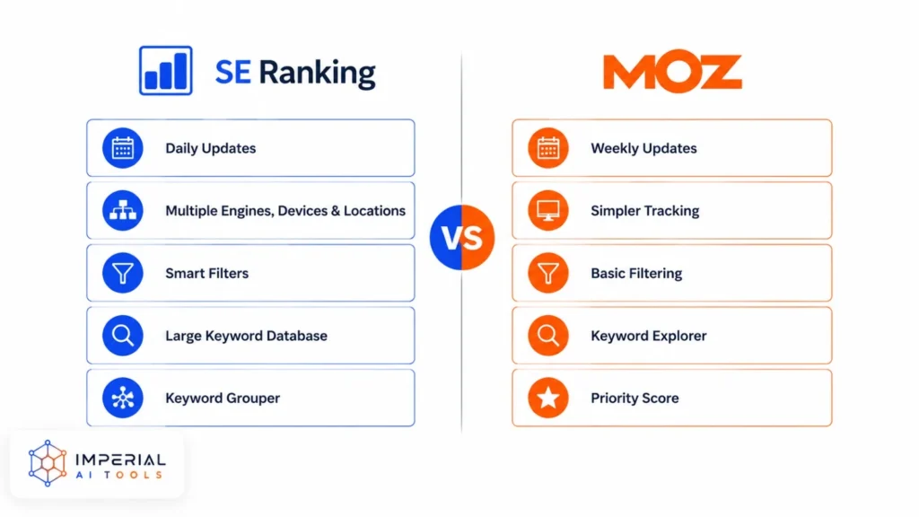 SE Ranking vs Moz rank tracking features comparing update frequency, filtering, keyword databases and grouping tools