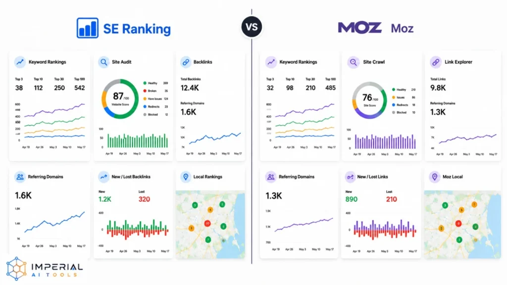 SE Ranking vs Moz feature comparison covering AI tracking, authority scores, updates, reports, keywords and extensions.