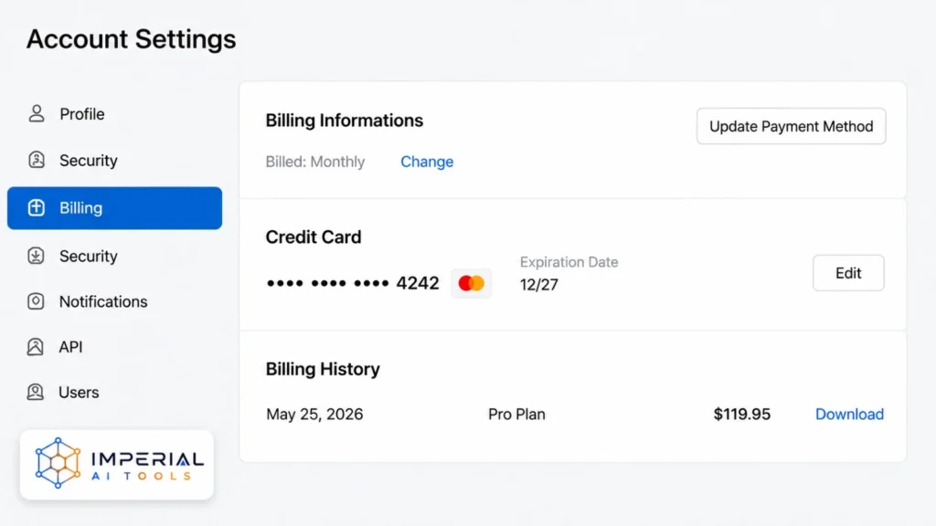 Semrush account billing settings showing subscription, payment method and billing information