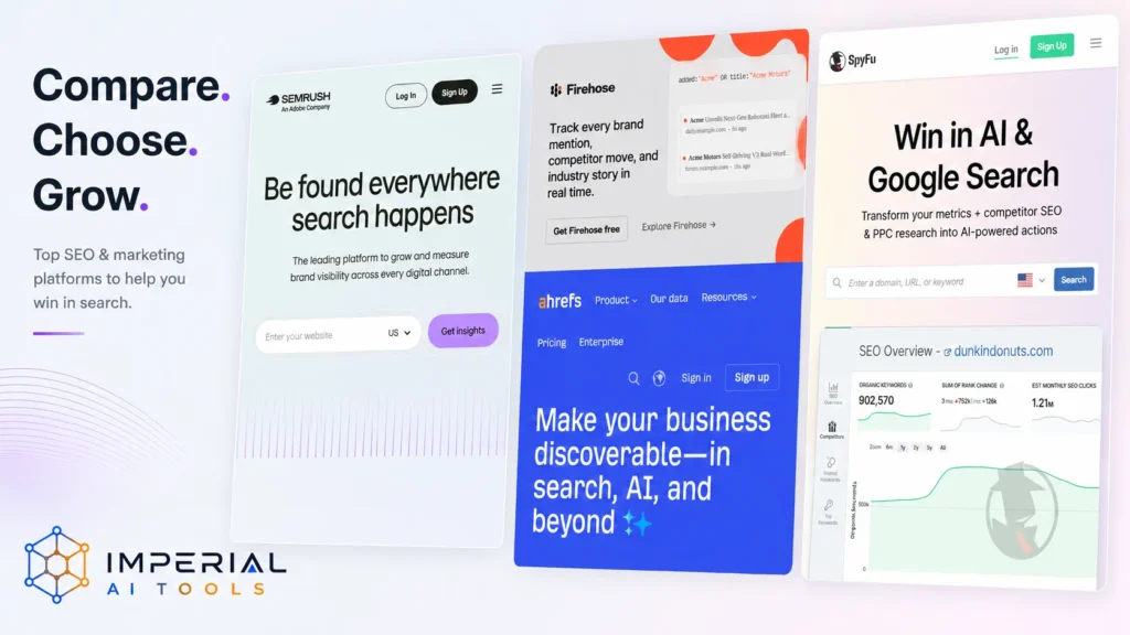 Comparison of Semrush, Firehose, Ahrefs and SpyFu SEO tools by Imperial AI Tools.