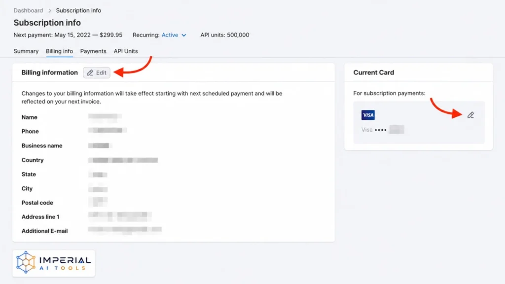 Semrush billing information page with billing details and current payment card