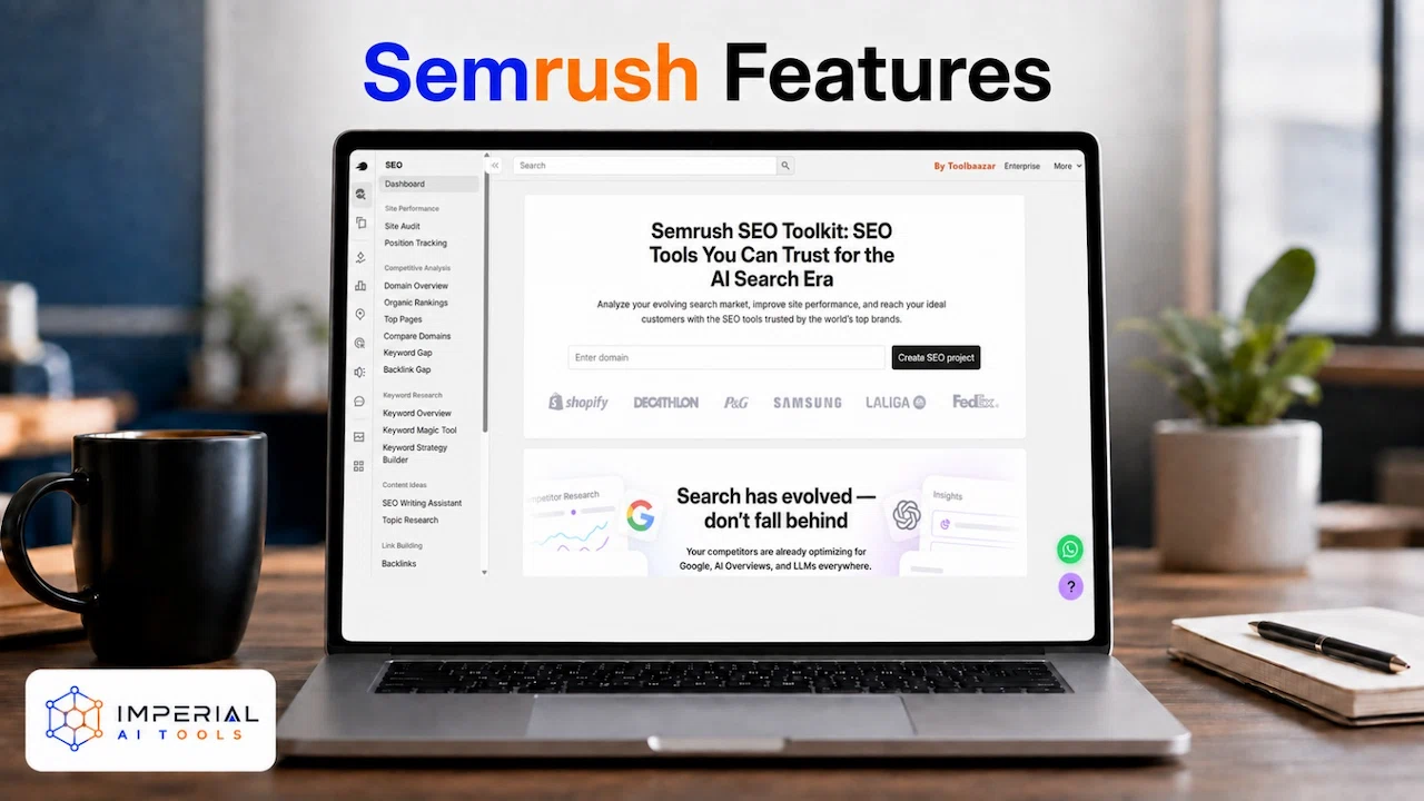 Semrush Features displayed on a laptop showing SEO tools for keyword research, competitors, backlinks and site auditing
