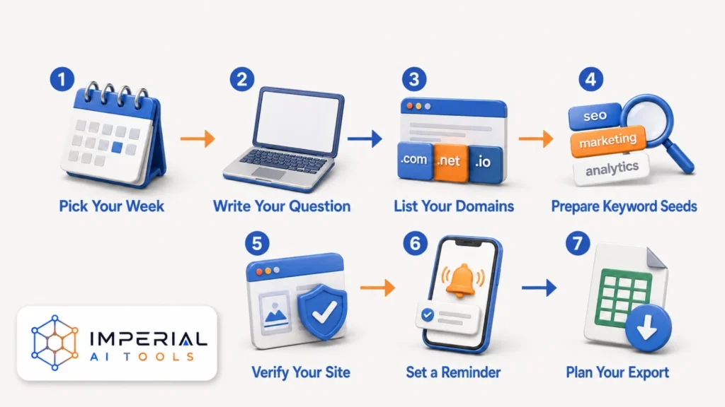 Semrush free trial research preparation steps including domains, keyword seeds, site verification, reminders and export planning