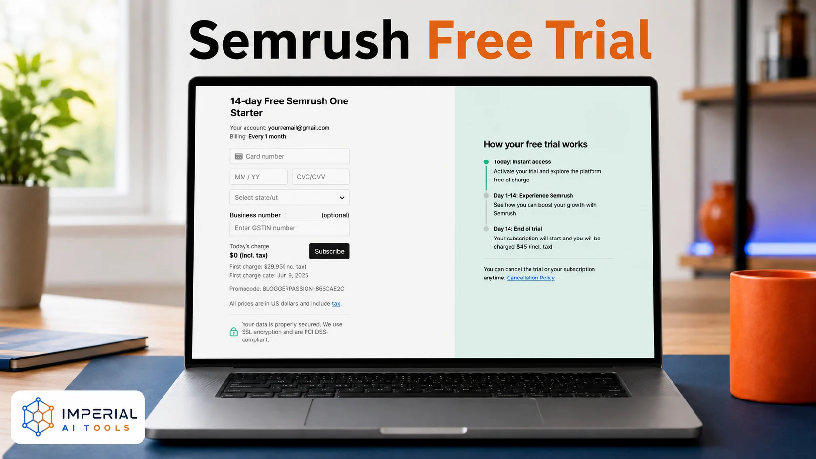 Semrush Free Trial signup page displayed on a laptop with Imperial AI Tools branding