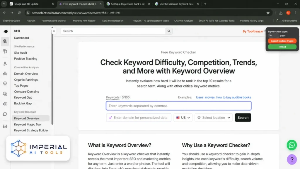 Semrush Keyword Overview tool for checking keyword difficulty, search volume, competition and trends