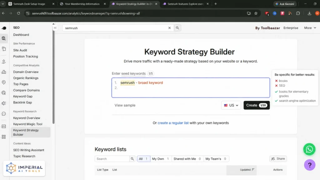 Semrush Keyword Strategy Builder interface for creating keyword lists and SEO content strategies