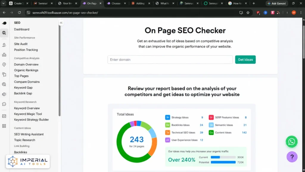 Semrush On Page SEO Checker showing optimization ideas for website pages