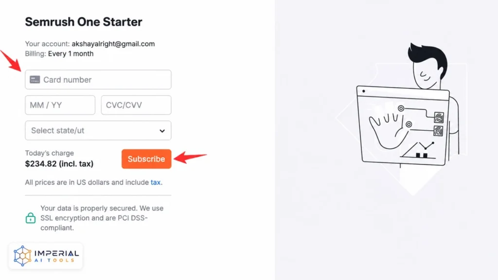 Semrush One Starter subscription payment page showing card details and Subscribe button