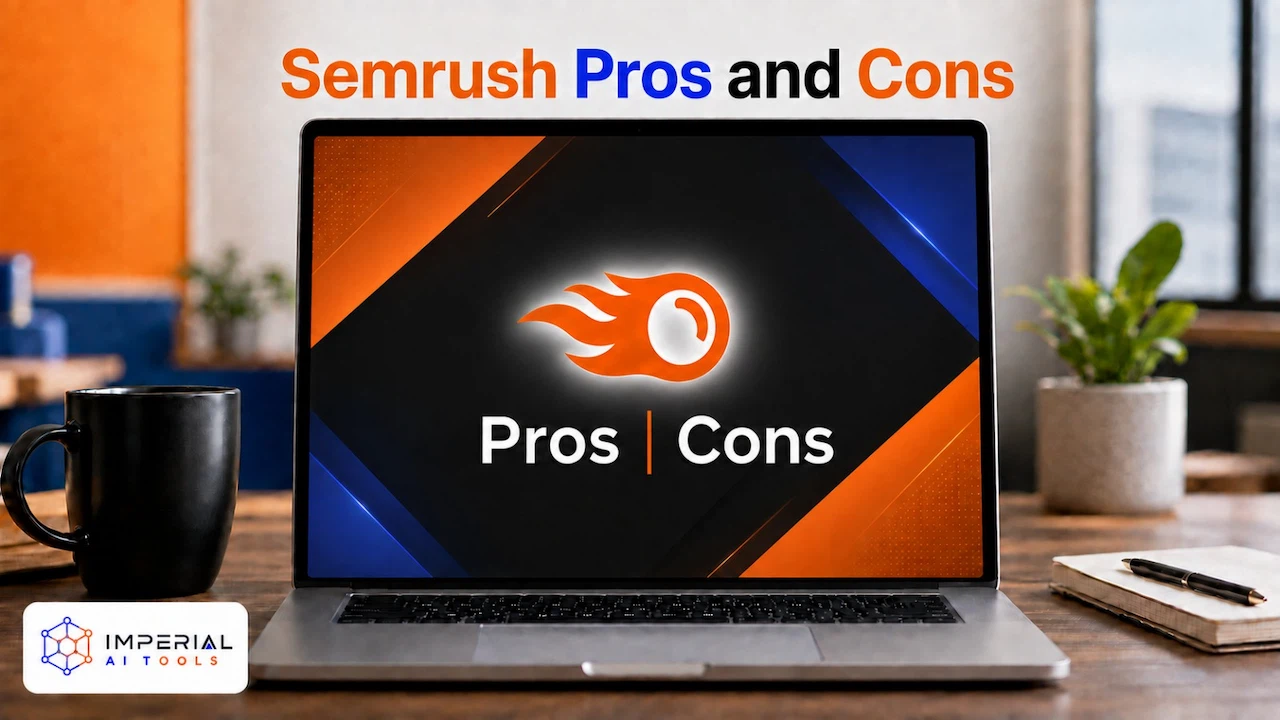 Semrush pros and cons review displayed on a laptop screen by Imperial AI Tools