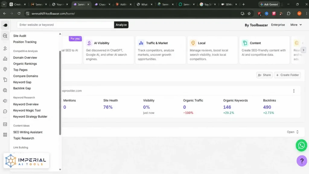 SEO dashboard showing Semrush tools for keyword research, site audit and competitor analysis
