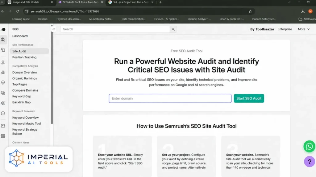 Semrush Site Audit tool for identifying technical SEO issues and improving website search performance