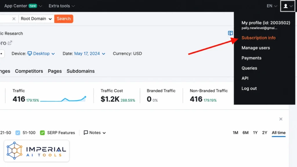 Semrush account menu showing the Subscription Info option