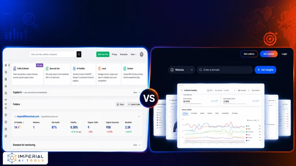Semrush vs similarweb  platform comparison showing dashboards for keyword research, website analytics, and AI search visibility tools.