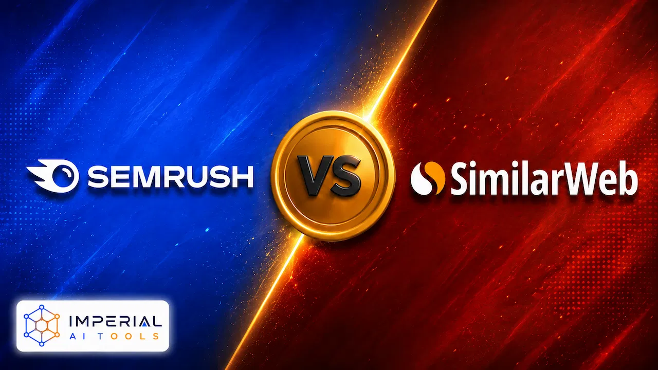 Semrush vs Similarweb comparison graphic with both platform logos on a blue and red background and the Imperial AI Tools logo.