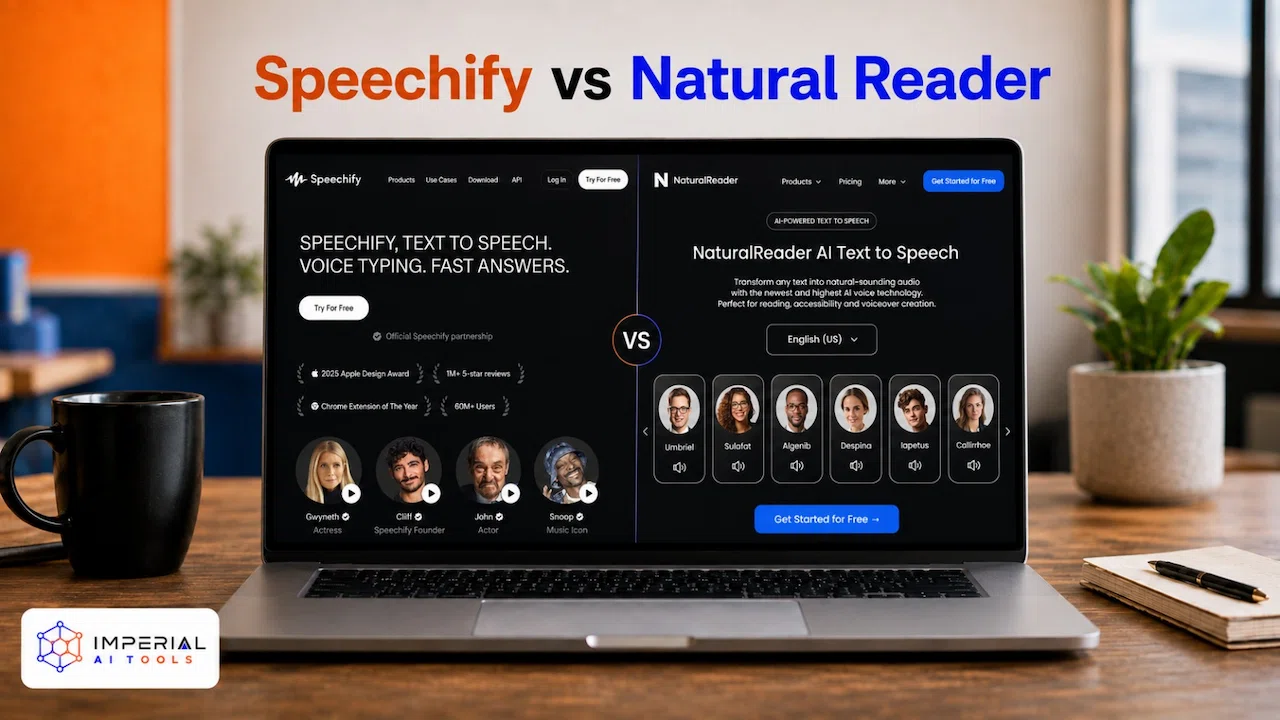 Speechify vs NaturalReader comparison displayed side by side on a laptop screen.