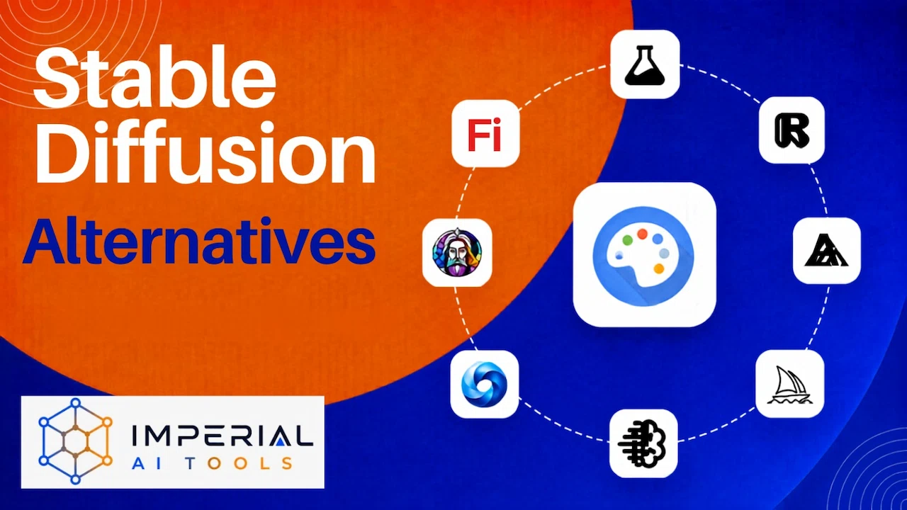 Stable Diffusion alternatives infographic featuring popular AI image generator tools for creating digital artwork.