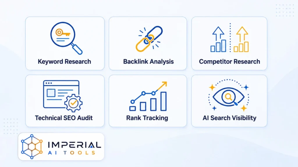 Ahrefs uses including keyword research, backlink analysis, SEO audits, rank tracking and AI search visibility