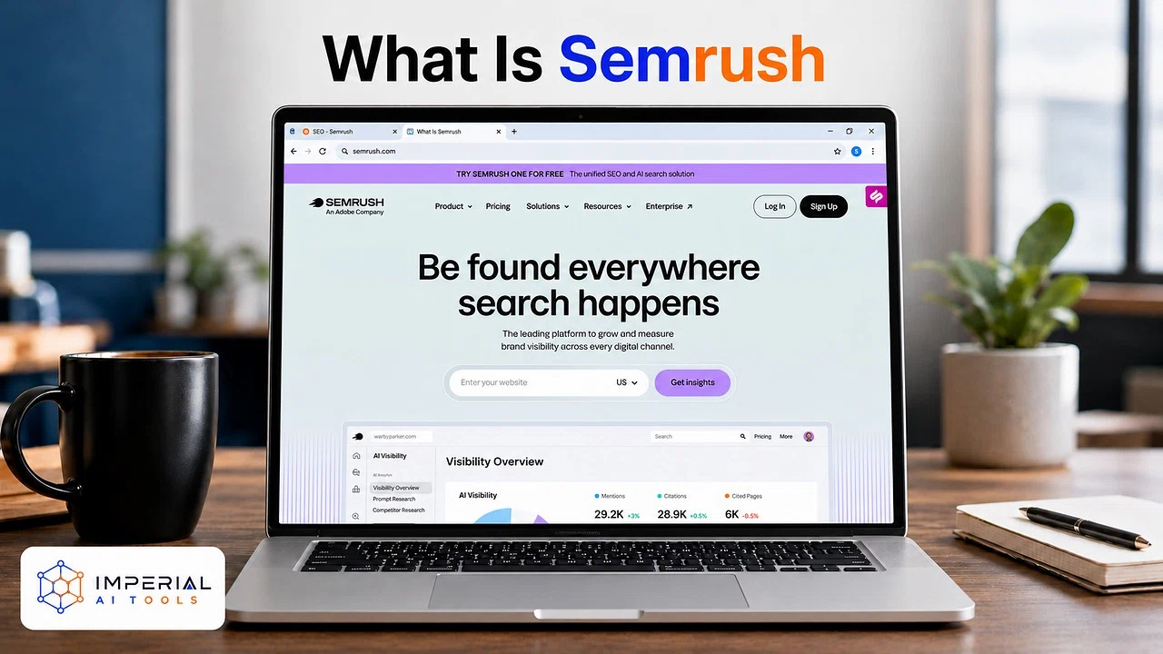 What is Semrush SEO platform displayed on a laptop for digital marketing and search optimization