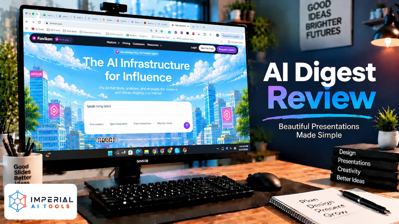 AI Digest review platform displayed on desktop monitor in a modern workspace
