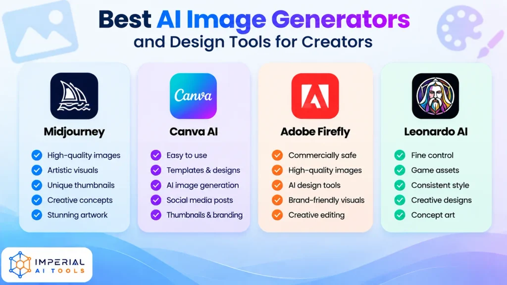 AI image generators and design tools comparison showing Midjourney, Canva AI, Adobe Firefly and Leonardo AI for creative content