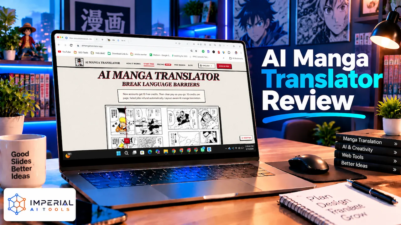 AI Manga Translator Review featuring an AI manga translation website displayed on a laptop
