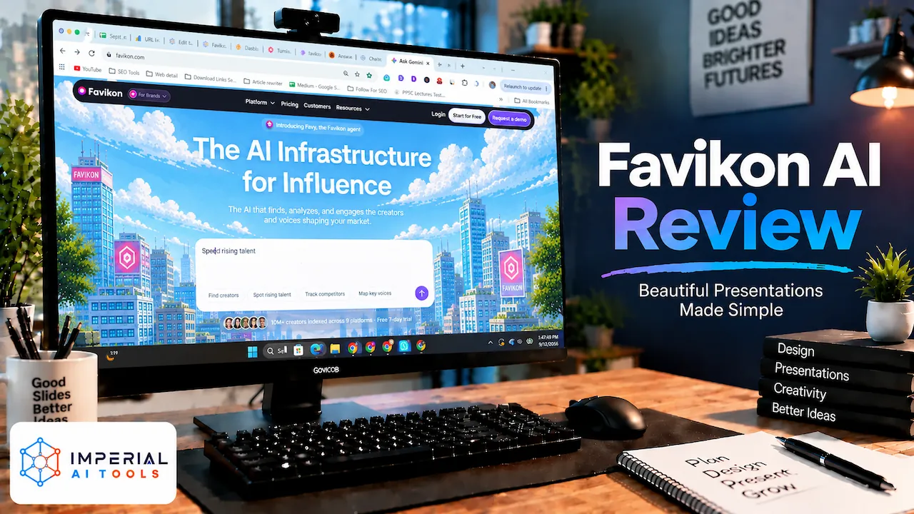Favikon AI Review showing the Favikon influencer marketing platform on a desktop screen