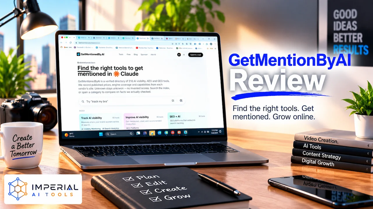 GetMentionByAI Review feature image showing an AI video generator displayed on a laptop in a modern workspace.