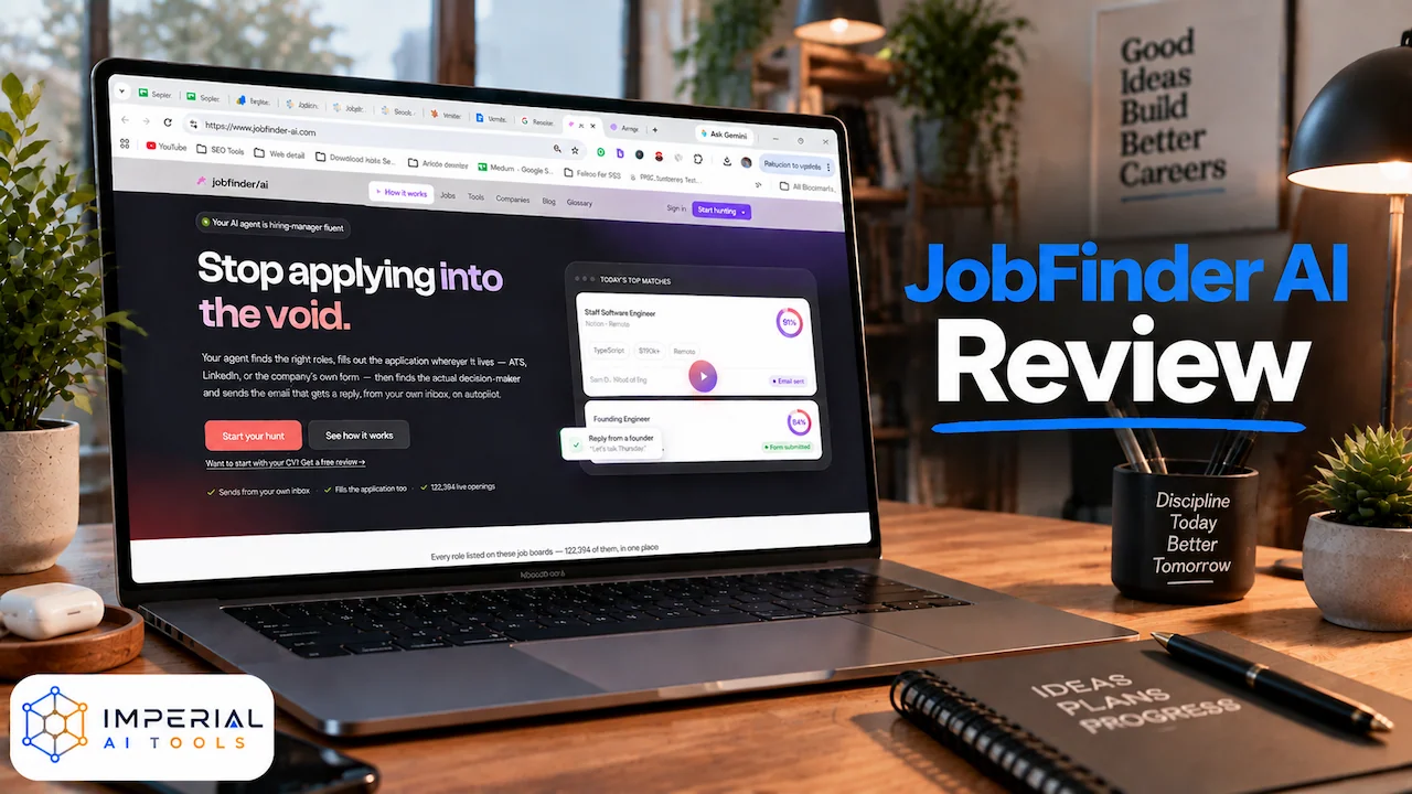 JobFinder AI review card showing a 76 out of 100 editorial score with ease of use, integrations and value ratings