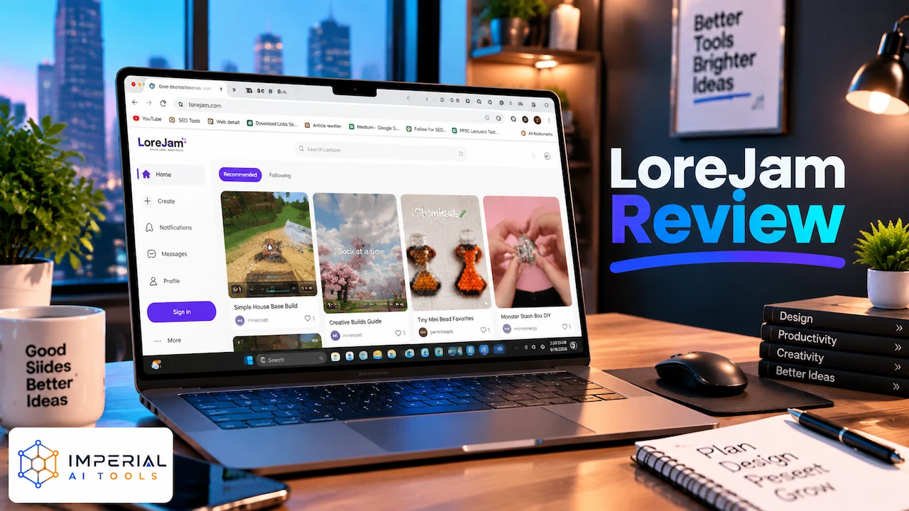 LoreJam Review featured image showing the LoreJam platform interface displayed on a laptop with a modern workspace background