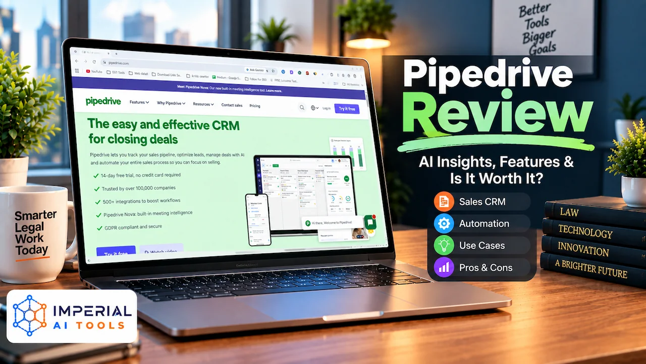 Pipedrive CRM website displayed on a laptop with Pipedrive Review highlights, including sales CRM, automation, use cases, and pros and cons.