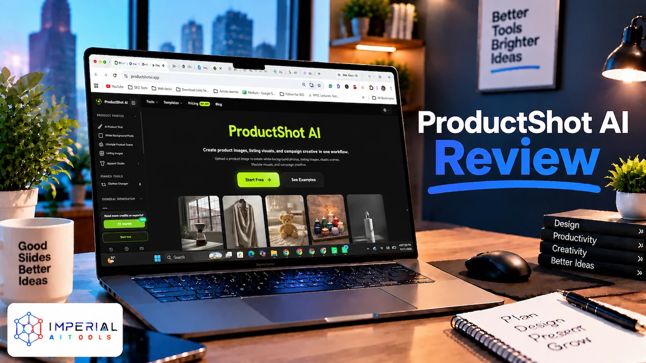 ProductShot AI review thumbnail showing an AI product photography tool interface on a laptop screen with modern workspace setup