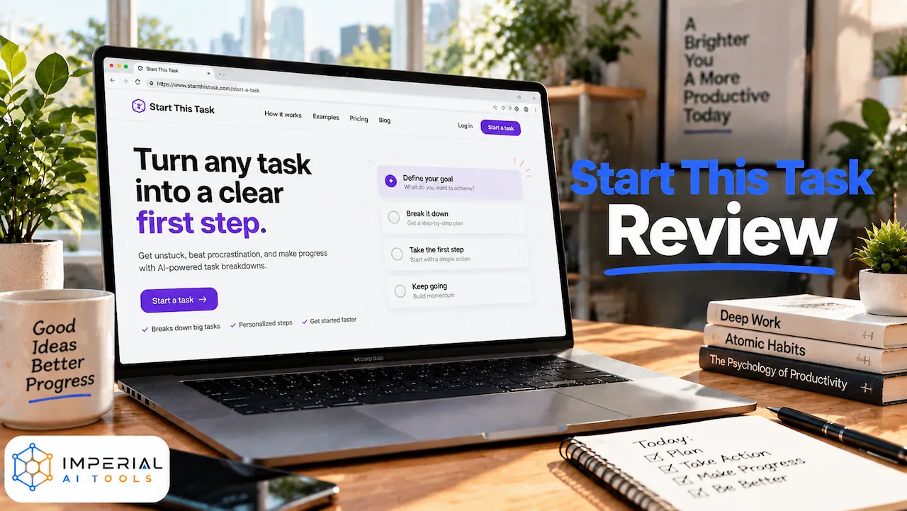 Start This Task AI review thumbnail showing an AI productivity tool on a laptop screen with task breakdown features, step-by-step planning interface, and a modern workspace setup.
