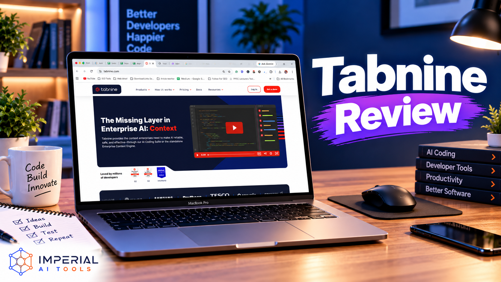 Tabnine Review 2026 featured image showing the official Tabnine website on a MacBook Pro, with AI coding features and Imperial AI Tools branding.