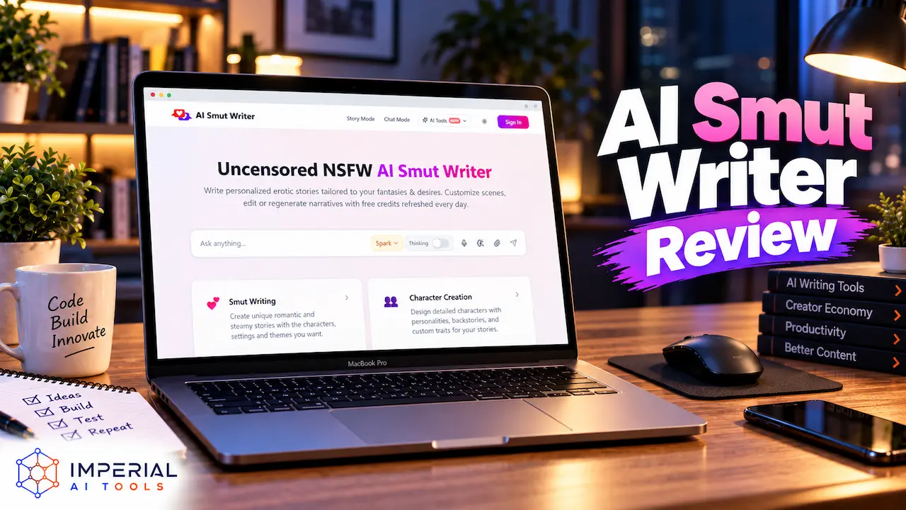 AI Smut Writer review showing the platform interface on a laptop with story writing and character creation tools.
