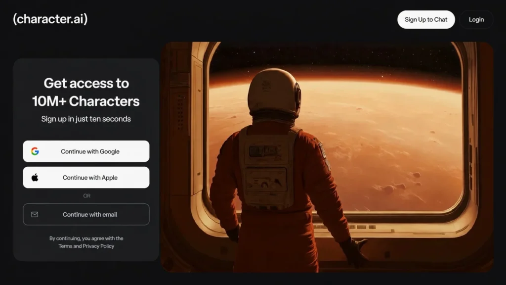 Character AI login page showing access to millions of AI characters for interactive conversations