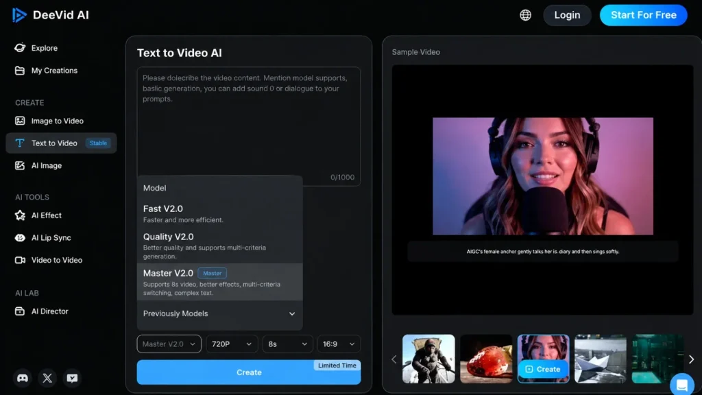 DeeVid AI text to video interface showing Master V2.0 model selection screen