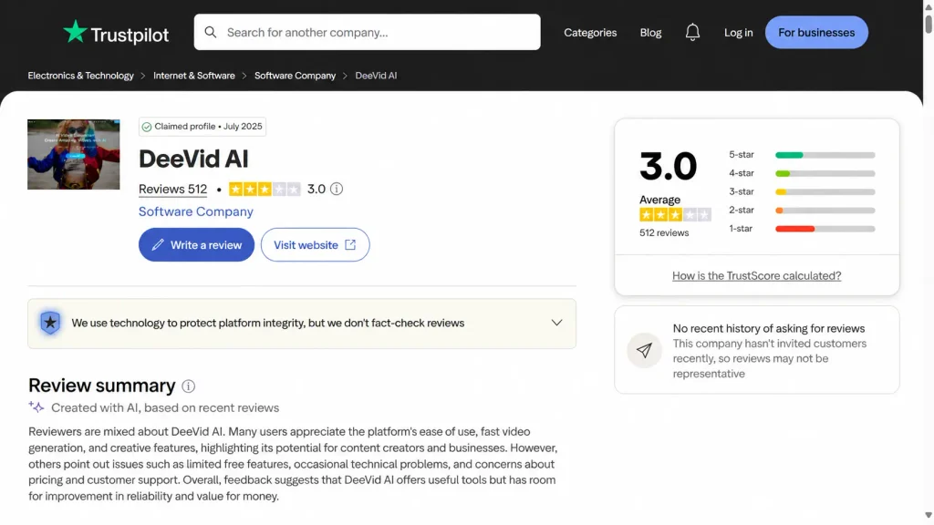 DeeVid AI Trustpilot page showing 3.0 star TrustScore from 512 reviews