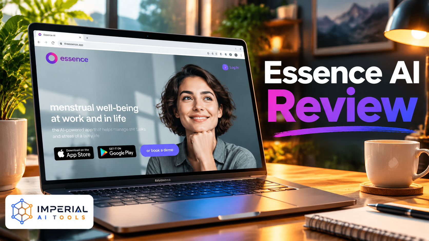 Essence AI Review showing the AI-powered wellness app website on a laptop screen
