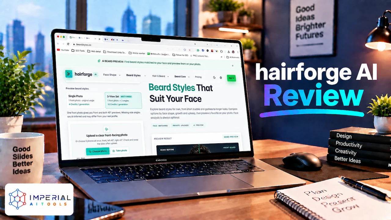 Hairforge AI review feature image showing an AI beard style preview platform on a laptop screen