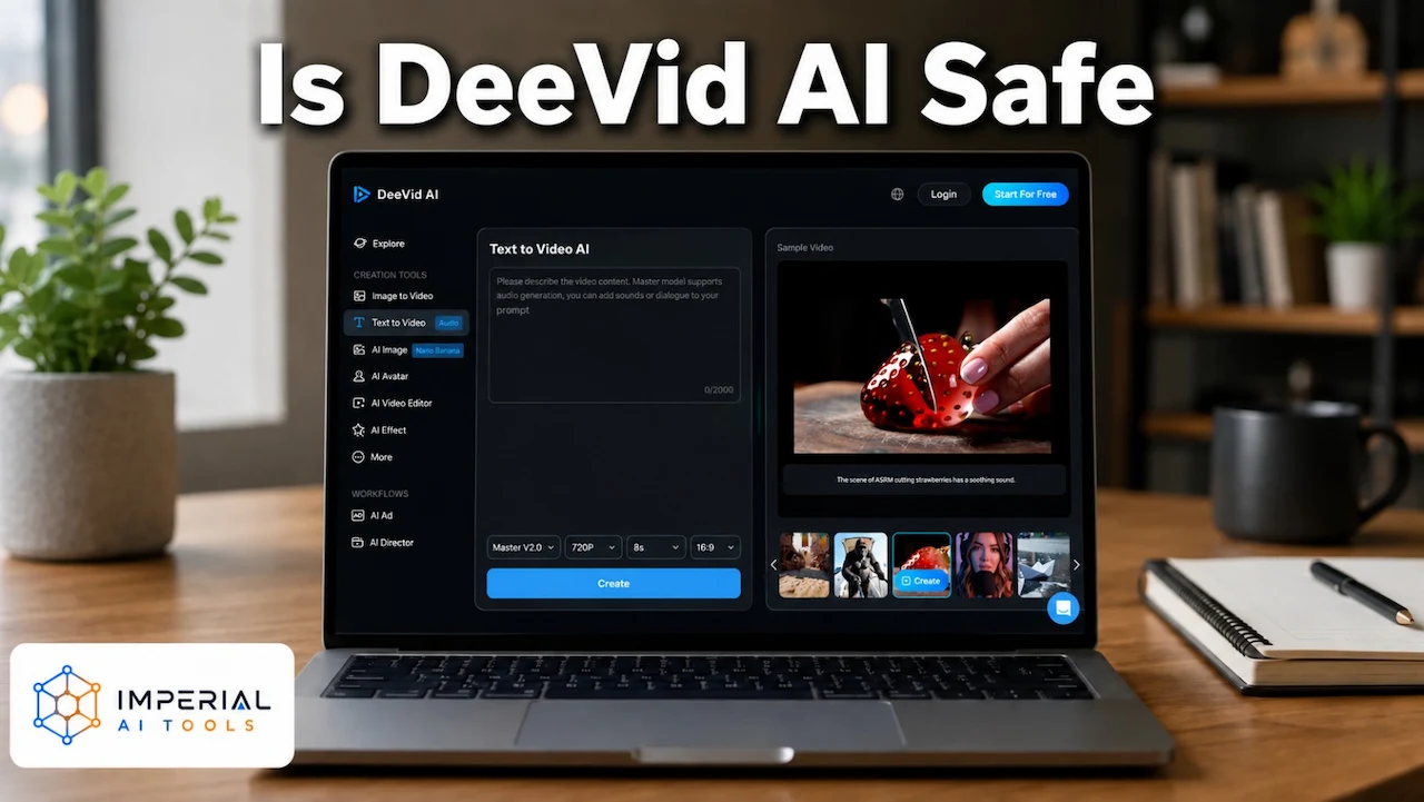 Is DeeVid AI safe laptop displaying DeeVid AI text to video dashboard on a desk
