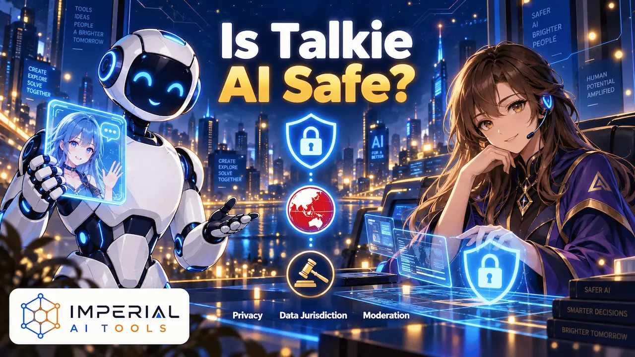Is Talkie AI safe review image showing AI chatbot safety, privacy, and moderation features