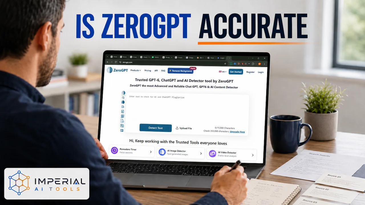 Is ZeroGPT Accurate featured image showing a person reviewing the ZeroGPT AI content detector on a laptop.