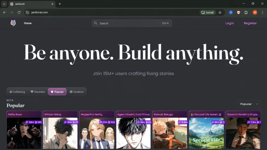 Janitor AI character creation platform with customizable AI bots