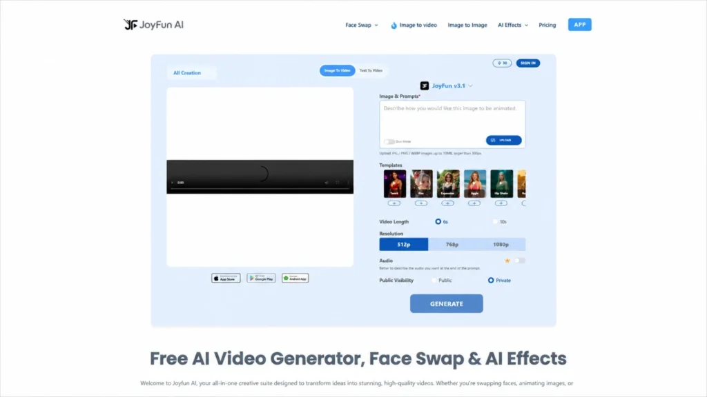 JoyFun AI Image to Video generator interface showing AI video creation dashboard and image animation tools